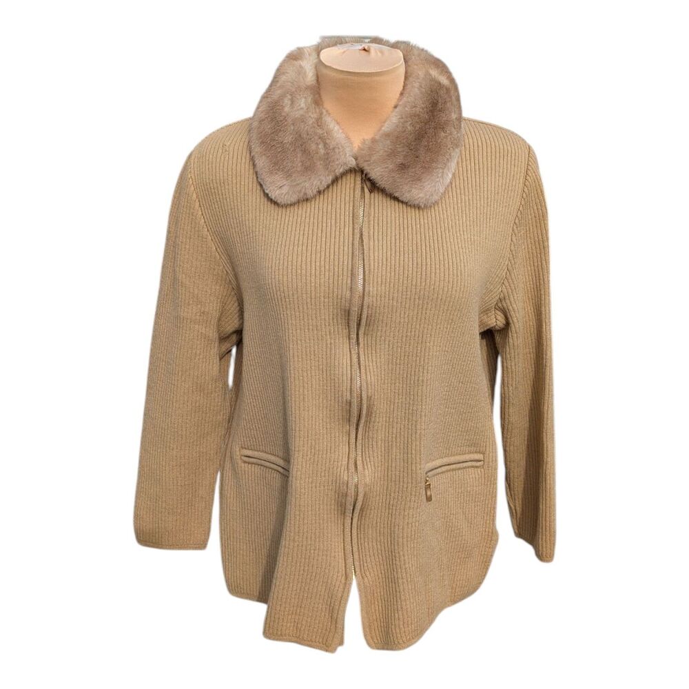 Basler Sweater Beige Ribbed Knit Full Zip Cardigan Faux Fur Collar Size 42 L VTG